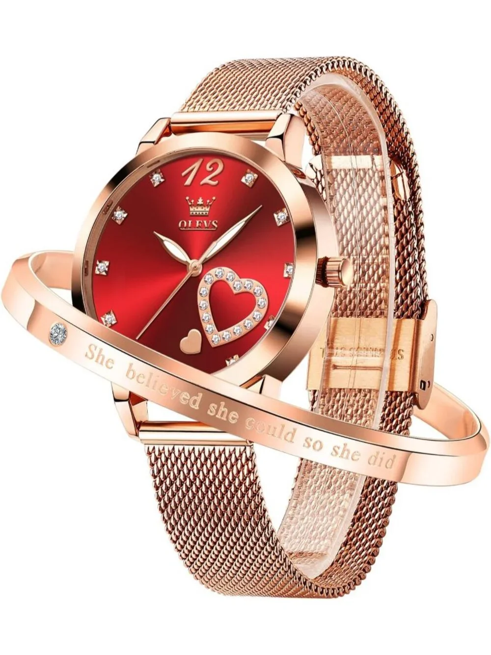 Women's Red Mesh Strap Fashion Dress Hearts Quartz Bracelet Sets Ladies Watch